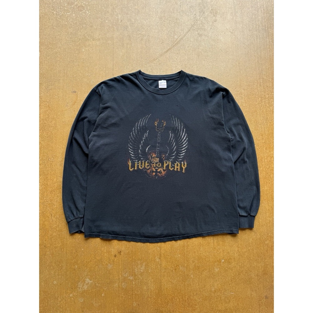 VTG Y2K Faded Live to Play Guitar Wings Rock & Roll Long Sleeve Black T-Shirt XL